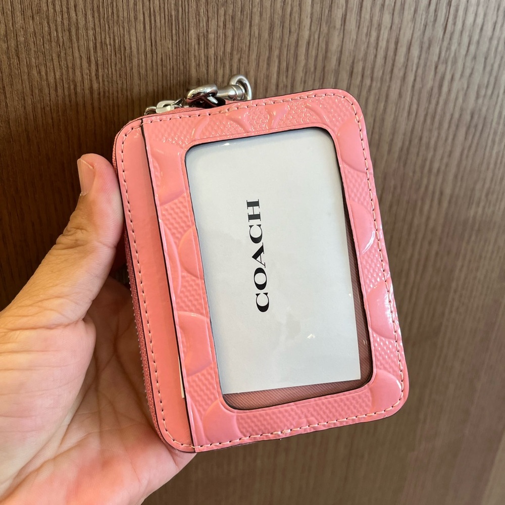 Coach Pink Signature Card Holder with Silver Chain and Heart Charm - Picture 7 of 9